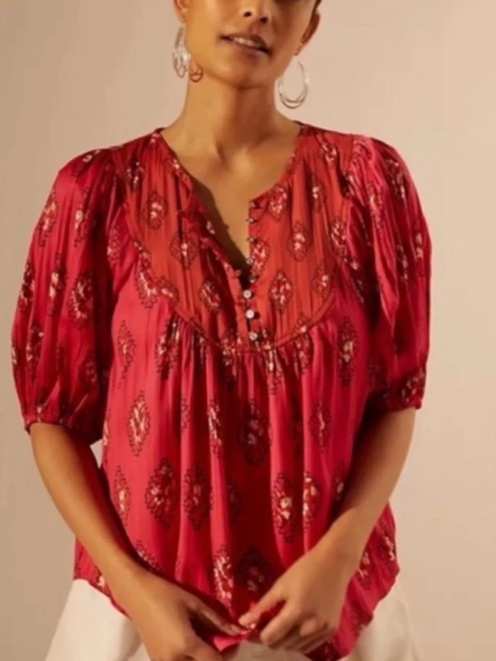 Anthropologie | Fuchsia Draped Henley Puffed Sleeve Peasant Top | Sz XS